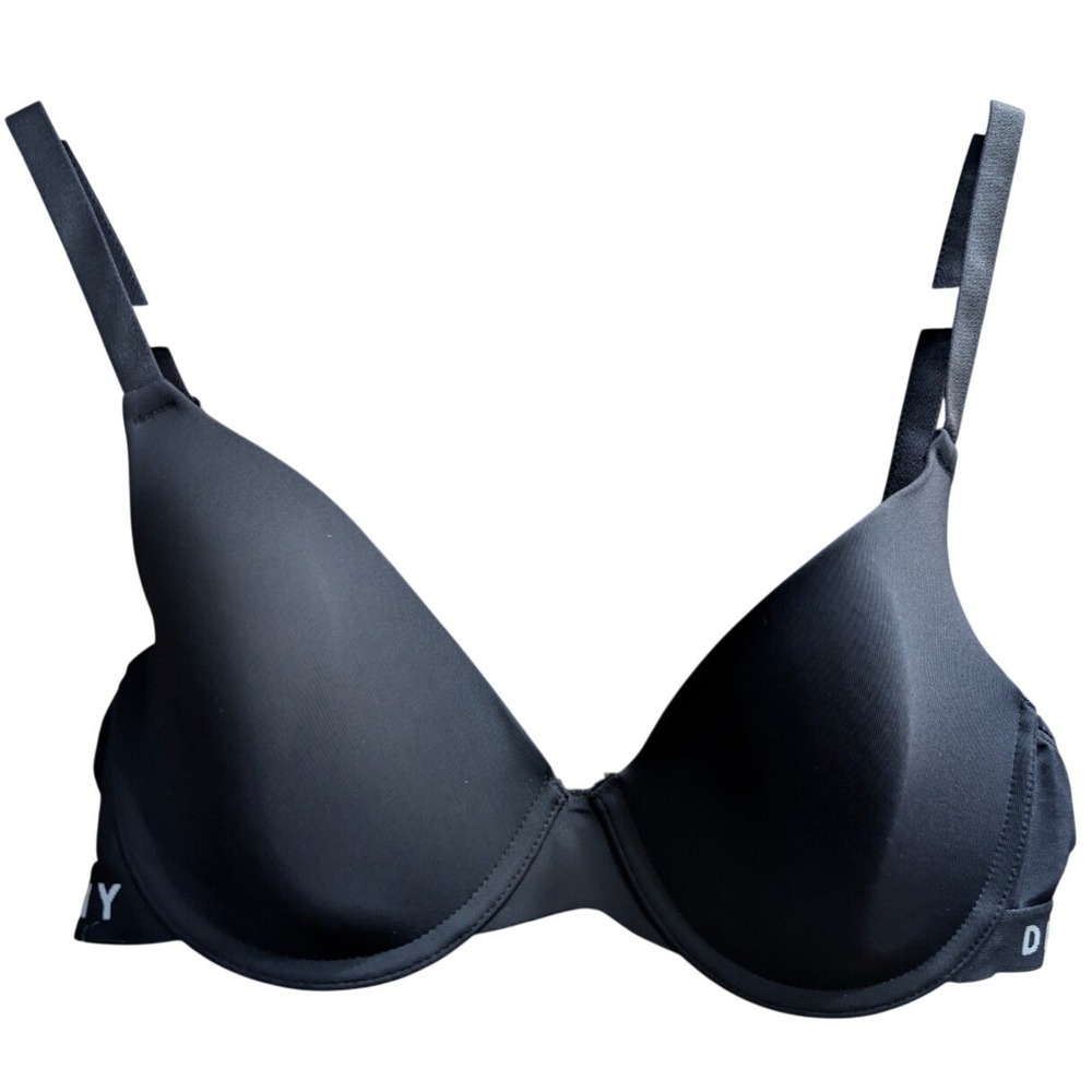 DKNY Sporty Underwire T Shirt Bra 36 B 36B Black White Logo Padded Rear Close